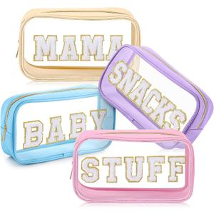 4 Pcs Mama and Baby Toiletry Bag Clear Chenille Letter Diaper Bag Pouch Snacks Makeup Stuff Travel Preppy Transparent Pouch with Zipper for Women Gift(Macarons Color)