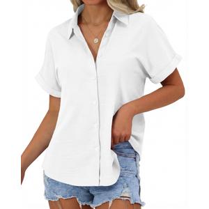 JEKAOYI Womens Button Down Shirts, Cotton Linen Short Sleeve Button Up Shirt Casual Spring Blouses Summer Vacation Tops XL