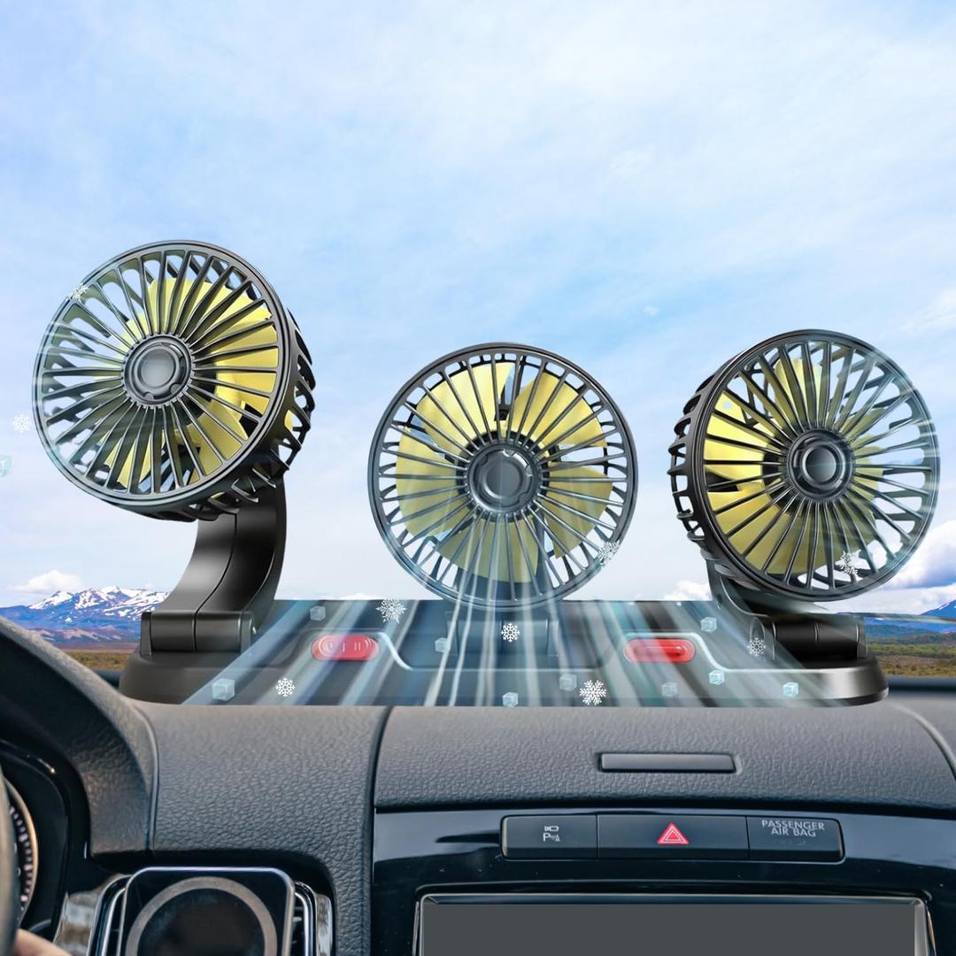 Crethinkaty 12v Car Cooling Three-Head Fan, 360° Rotation, 2-Speed Adjustable, 51-Inch Cord Length, Portable Car Cooling Fan For Suv, Rv, Vehicle, Boat, Golf