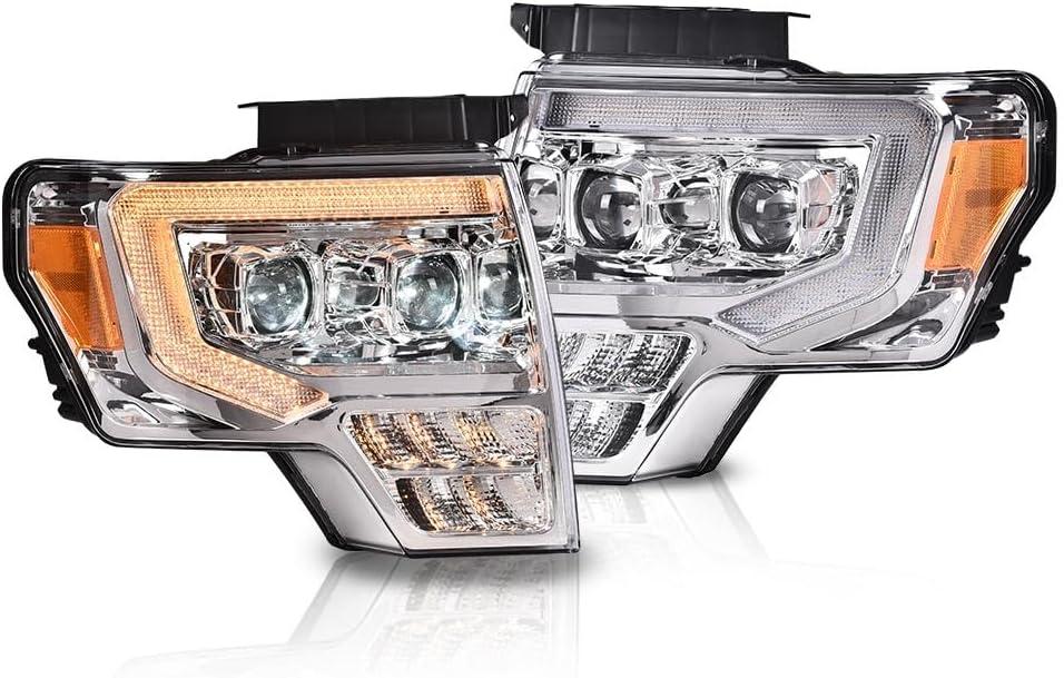 LQI LED Tube Headlights Assembly, Compatible with 2009 2010 2011 2012 2013 2014 Ford F150 LED Tube Dual Projector Headlights Assembly with SwitchbackClear lens Chrome Housing Amber Reflector