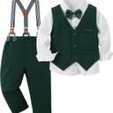 nilikastta Green Dress Clothes for Boys Boys Formal Suit Formal Dress Shirt/Bowtie/Vest/Suspender Pants Suspenders for Birthday Party 7-8 Years