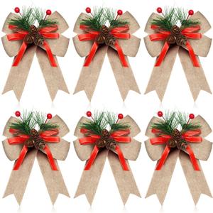 Syhood 6 Pcs Christmas Bows with Pine Cones Pine Needles Xmas Flaxen Bows Ribbon Christmas Tree Wreath Decoration for Xmas Parties Indoor Outdoor Crafts DIY Decor