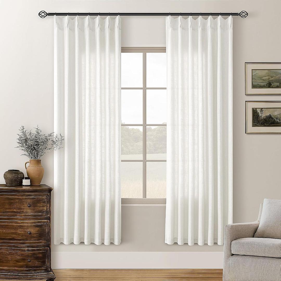 TWODRAPES 72 Inch Linen Curtains Pinch Pleated 2 Panels for Dining Room Bedroom Semi Sheer Pleat Drapes with Hooks Rings Light Filtering Short Window Curtain Cabit Closet Beige Ivory White 40x72