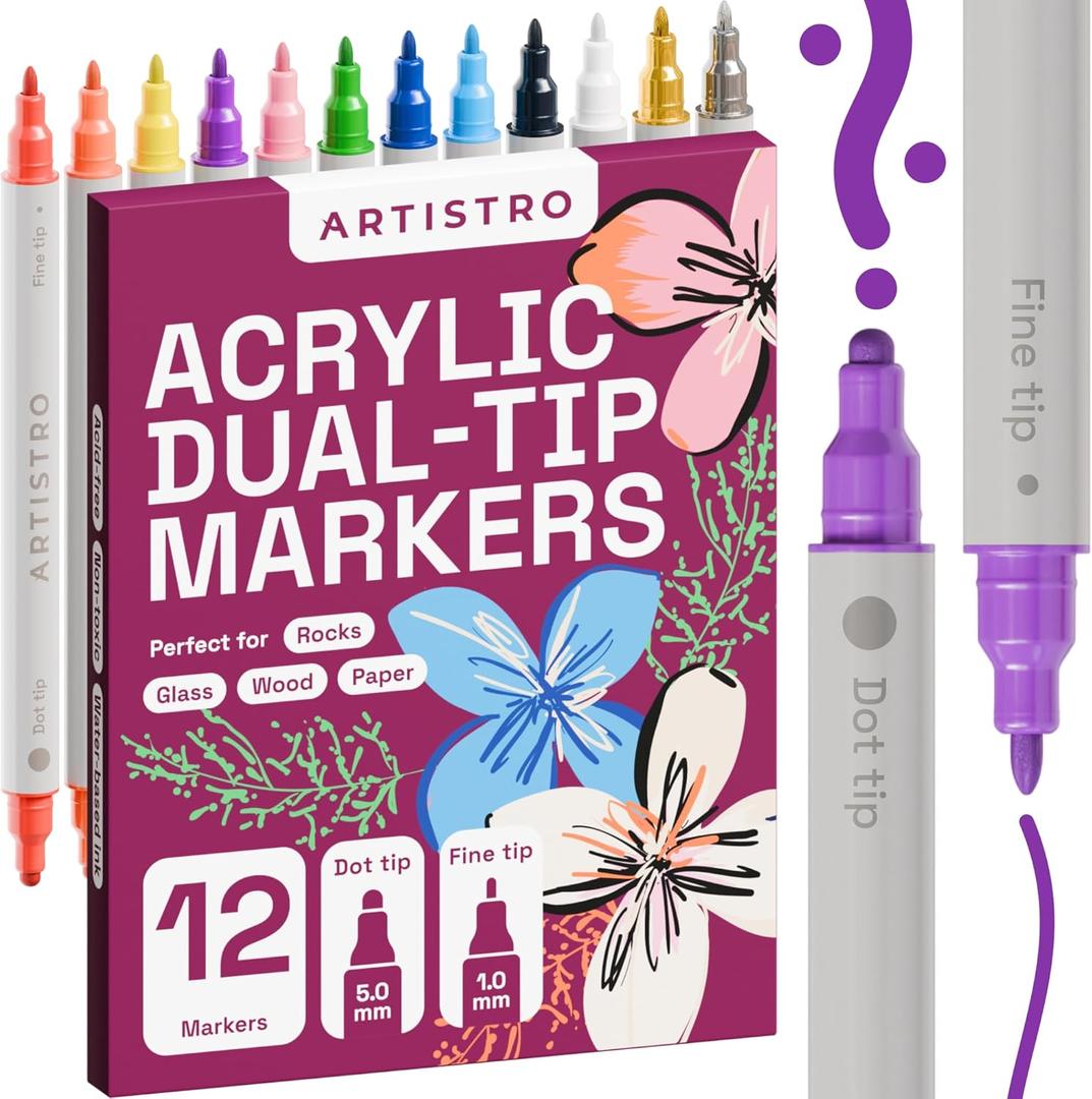 ARTISTRO 12 Dual Tip Acrylic Paint Markers, Acrylic Paint Pens, Fabric Markers for Textile, Rock, Glass, Wood, Paper, Ceramic, Canvas DIY Art Supplies Kit for Kids and Adults (Dual Tip Dot + Fine, 12)