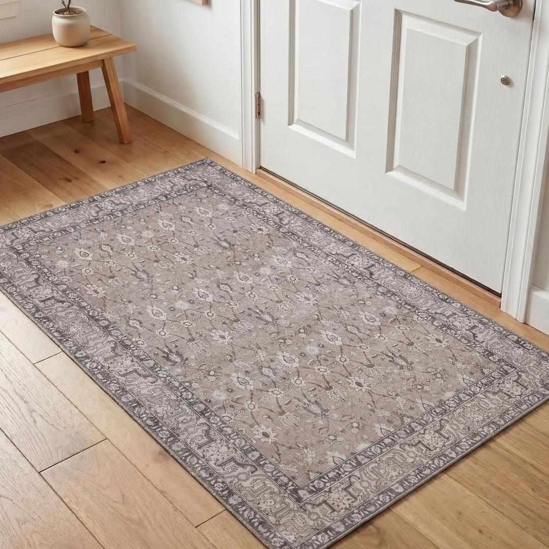 Kuden 3x5 Small Rug, Machine Washable, Non-Slip Backing, Vintage Style, Soft, Low Pile, Area Rugs for Entryway Kitchen Indoor Entrance