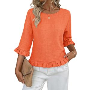 siliteelon Womens 3/4 Sleeve Tops Summer Tshirts Ruffle Flowy Crew Neck Dressy Casual Blouses 2026 Trendy Cute Work Outfits, Orange, S