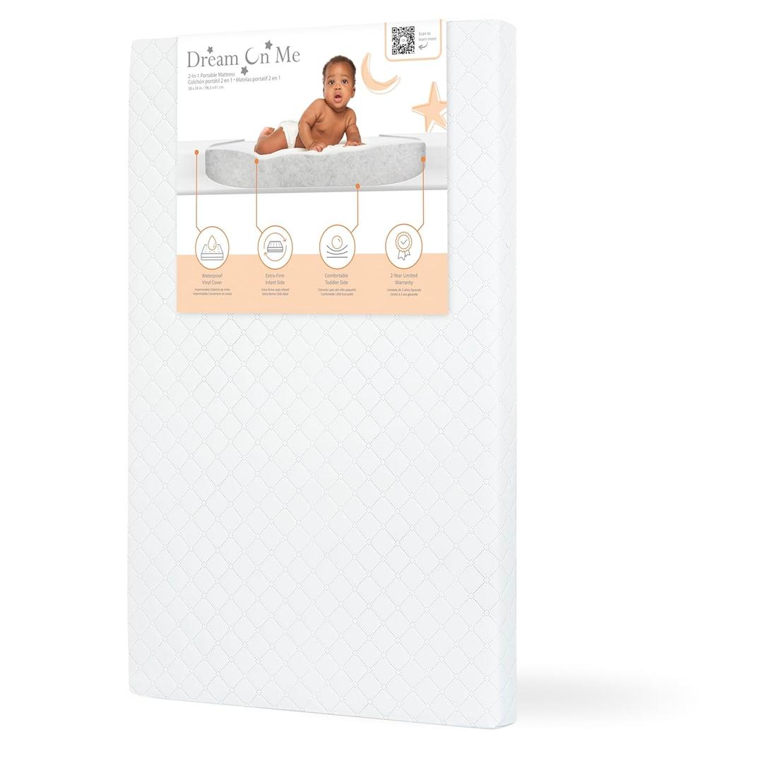 Dream On Me Holly 3 Mini/Portable Crib Mattress, Greenguard Gold & BSA Certified, Fits Portable & Mini Cribs, Lightweight Fiber Core, Waterproof Vinyl Cover (38"x24"x3"), White