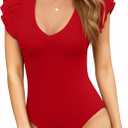 MANGOPOP Women's Deep V Neck Ruffle Sleeveless Body Suits Tank Top Bodysuit Going Out Sexy Fitted Summer Trendy Outfits (Red, XL)