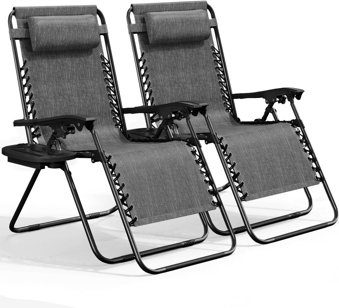 Nestl Zero Gravity Chairs Set of 2, Patio Lounge Chair Outdoor with Pillows & Cup Holder Trays, Adjustable Steel Mesh Reclining Camping Chair, Folding Patio Lawn Chair for Deck, Beach, Yard - Grey