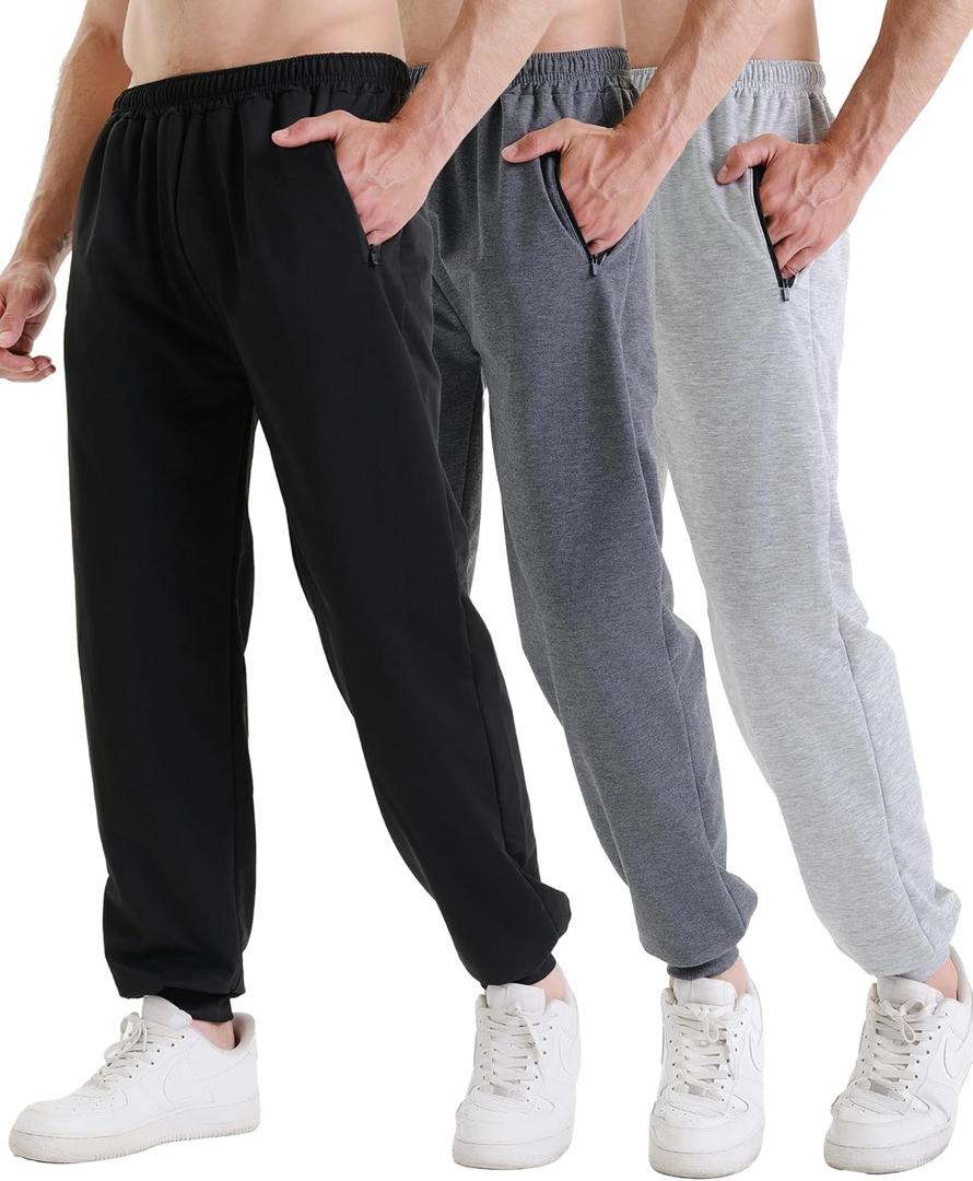 3 Pack Sweatpants for Men Athletic Gym Workout Mens Joggers with Zipper Pockets Active Running Pants (XX-Large, Black / Dark Grey / Light Grey)
