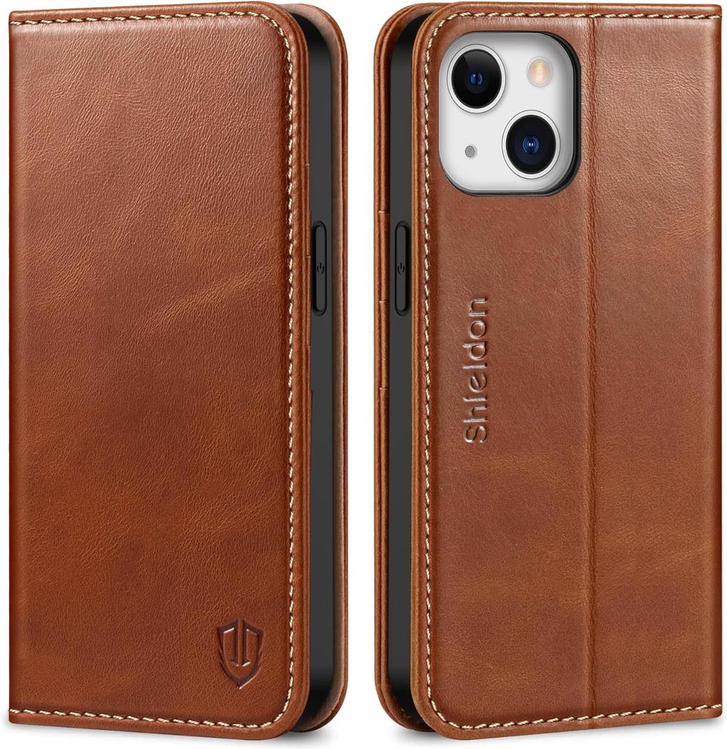 SHIELDON Wallet Case for iPhone 13 5G, Genuine Leather Folio Case Magnetic Shock Absorbing Cover RFID Blocking Credit Card Holder Kickstand Compatible with iPhone 13 6.1" 2021 - Retro Brown