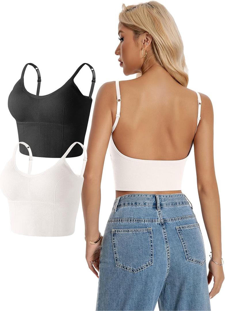 Women Camisole Tank Top - Crop Built-in Bra Ribbed Spaghetti Strap Padded U Backless Workout Sport Basic Cami, L, 2 Pcs