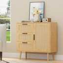 KFO Storage Cabinet, Rattan Sideboard with 3 Drawers & Door, Wooden Buffet Cabinet for Living Room, Dining Room, Hallway, Kitchen, Entryway