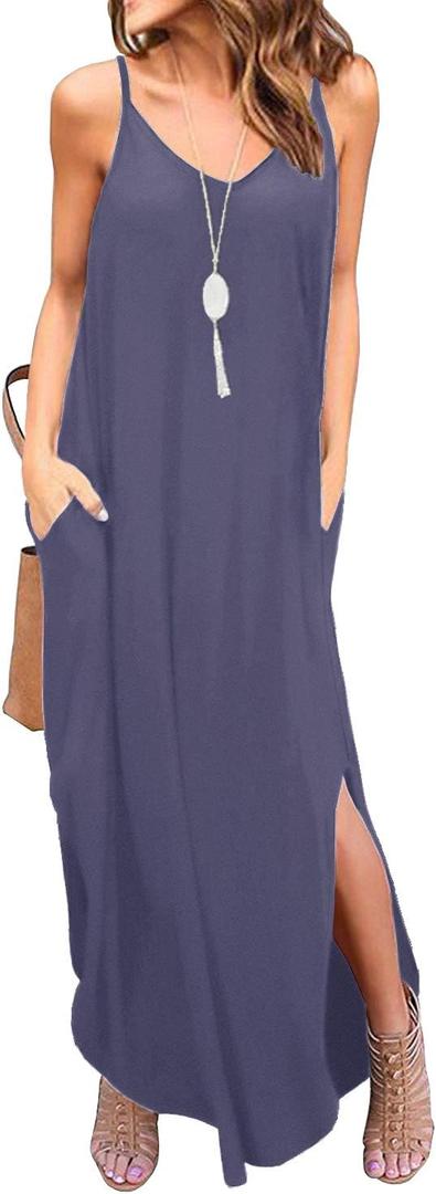 GRECERELLE Women's Summer Casual Loose Dress Beach Cover Up Long Cami Maxi Dresses with Pocket (Medium, 04 Purple Gray)