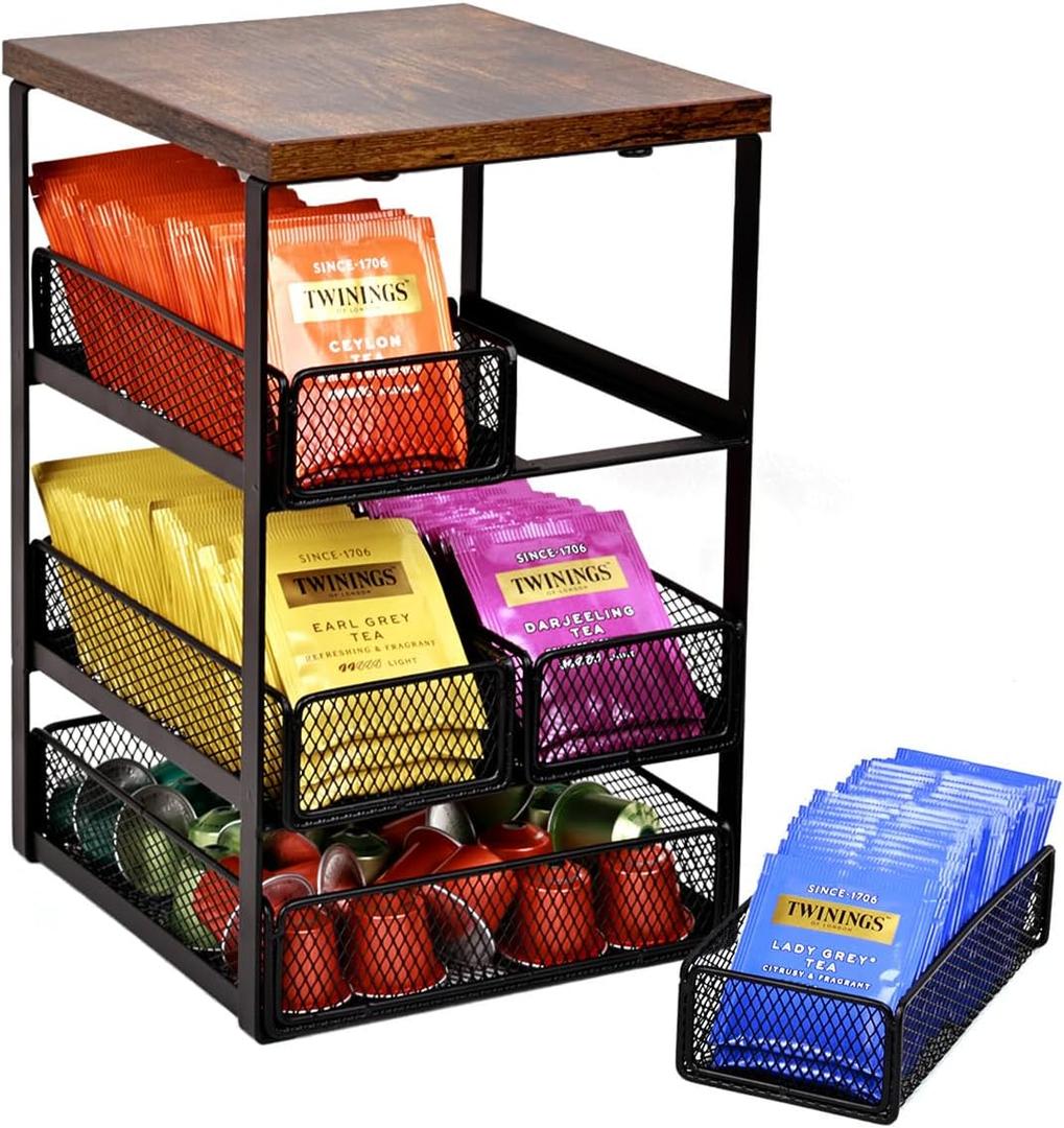 Tea Bag Organizer with 5 Drawers, Wooden & Metal Tea Storage Organizer for TeaBags, Coffee Pods, Creamers & Sugar  Countertop Tea Bag Holder for Coffee Bar and Kitchen, Space-Saving Tea Storage Rack