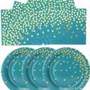 Blue Green Gold Paper Plates and Napkins 200Pack-100 x 7''Dessert Plates & 100 x 6.5''Napkins,Disposable Gold Dots Paper Plate for Father's Day,Independence Day,Birthday,Picnics