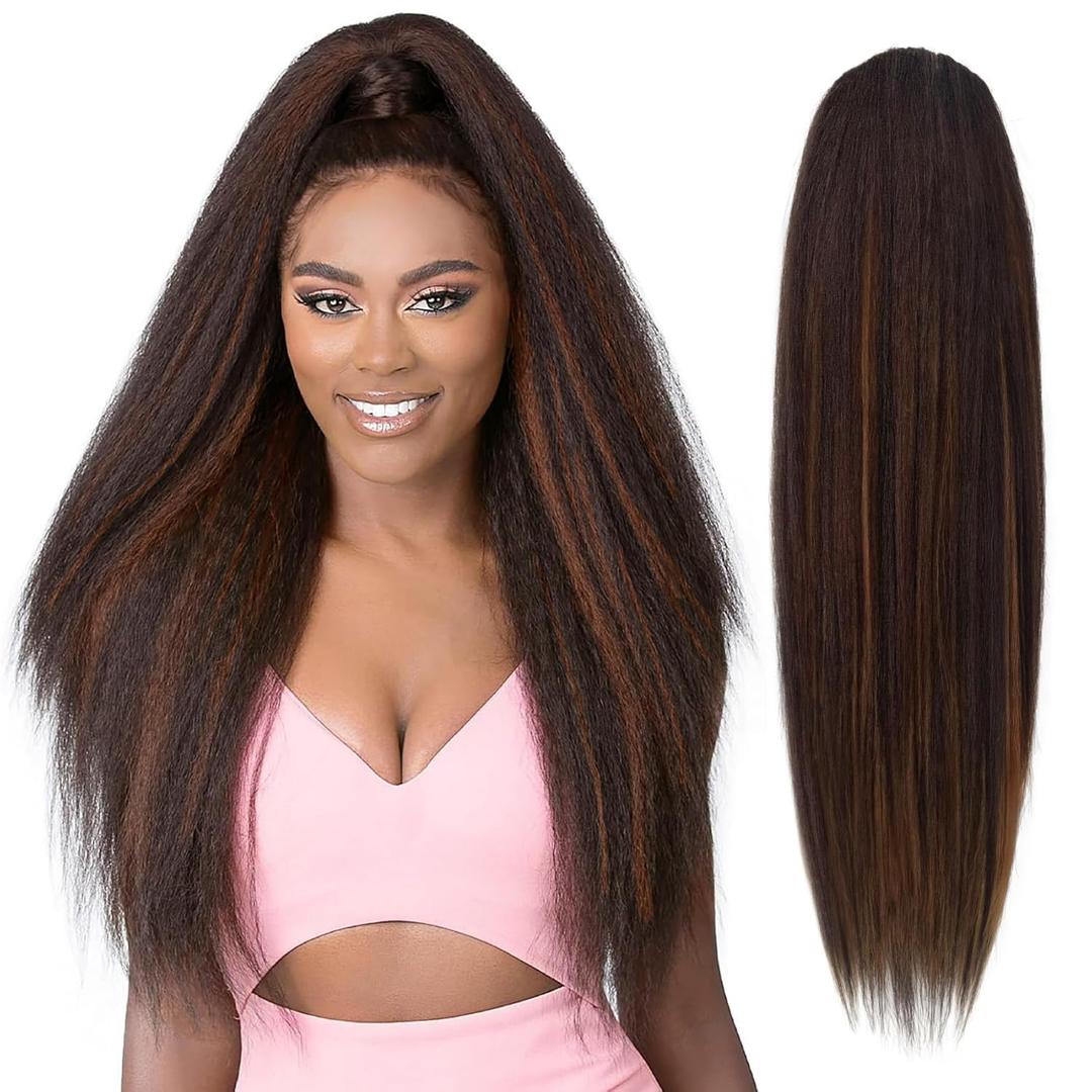 Long Yaki Straight Drawstring Ponytail for Women 20inch Dark Brown with Highlights Slight Kinky Straight Pony Tail Hairpieces Synthetic Ponytail Extension(4H30)