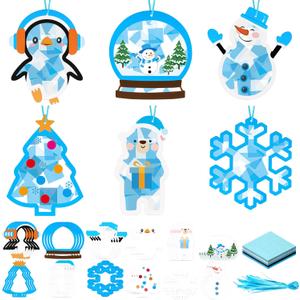 Bafeil 24 Set Winter Suncatcher Crafts Kits Winter DIY Window Tissue Paper Craft Kit Make Your Own Hanging Ornaments for Christmas Holidays Home Party Art Activities Decors