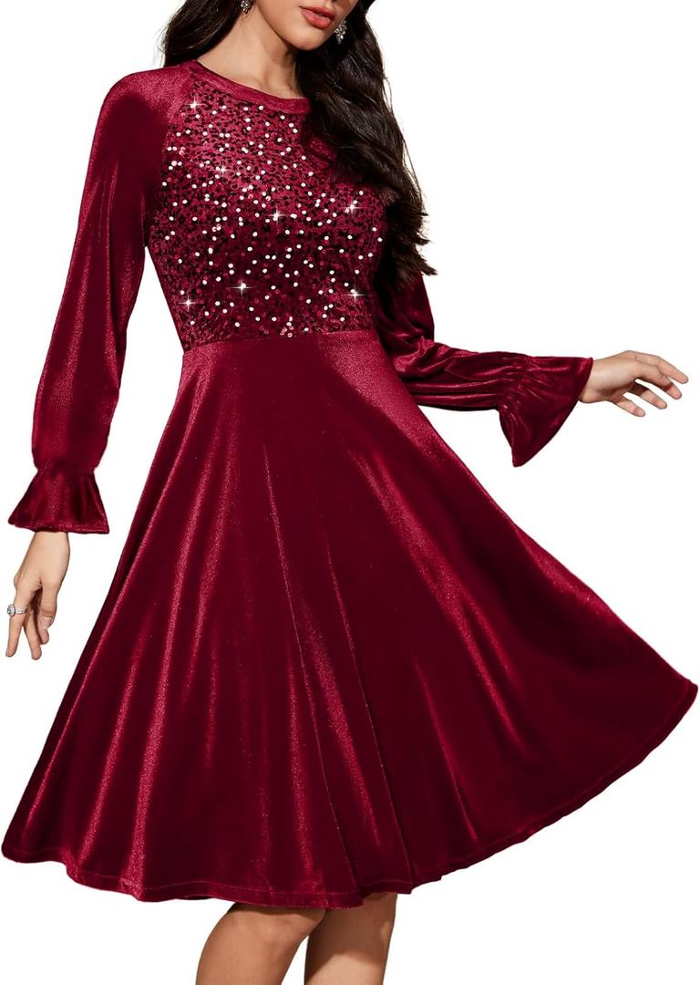 Bbonlinedress Velvet Sequin Cocktail Long Sleeve Dress for Women Velvet Vintage Wedding Guest Midi Dress (Large, Burgundy)