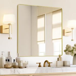 Mirrorons Gold Bathroom Mirror 36 x 30 Inch, Gold Wall Mirror, Bathroom Vanity Mirror with Rounded Corner, Shatterproof (Horizontal/Vertical)