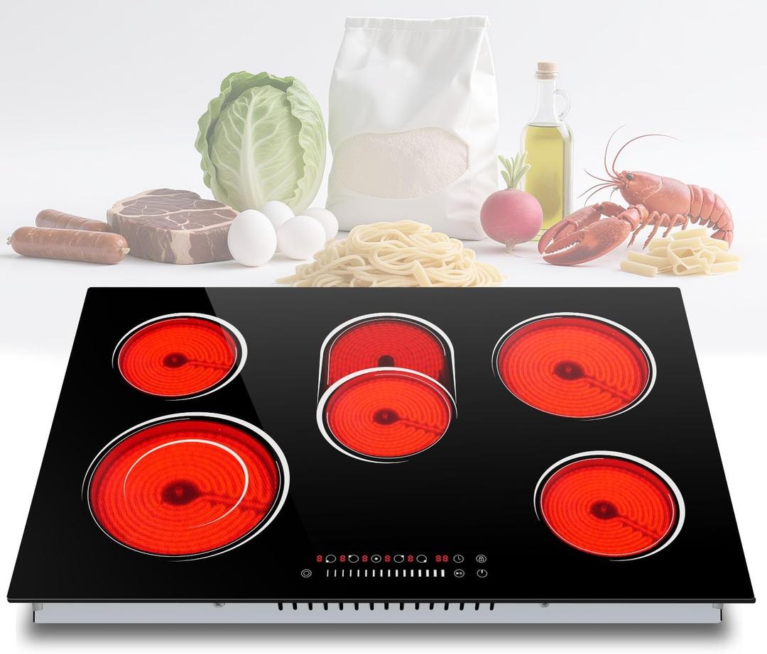 30 Inch Electric Cooktop 8400W 5 Burner Electric Stove Top with Slider Control Built-in Ceramic Cooktop 30'', Dual Oval Zone, Timer & Safety Lock, Hot Surface Indicator, 220V, Hard Wire No Plug