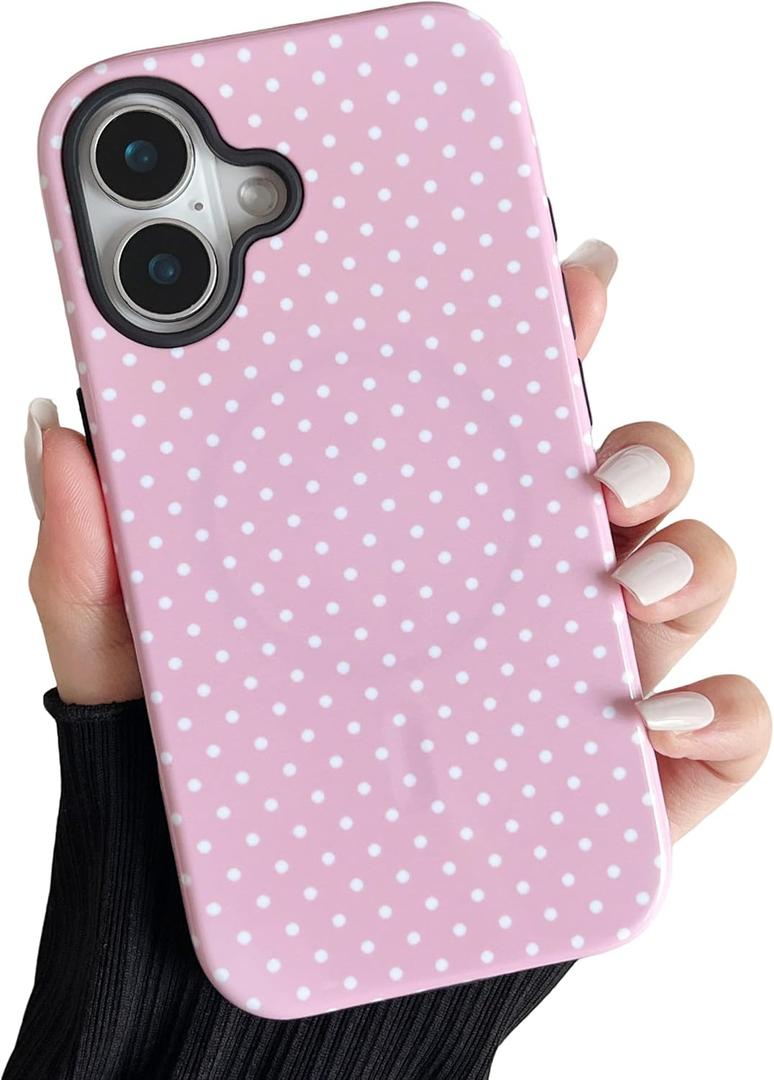 ZTOFERA Magnetic Case for iPhone 16, Polka Dot Phone Case Cute for Girl Women, Compatible with Magsafe, Hard PC+Soft TPU Protective Phone Cover for iPhone 16-Pink
