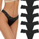 voenxe Seamless Thong for Women, No Show Lace Underwear, Ladies Breathable Comfort Panties Soft Laser Cut Undies, Tanga, 5-Pack (Small, Black)