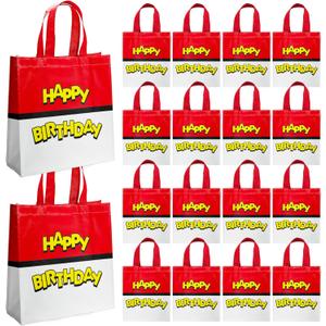 20 PCS Non-Woven Bags Mini Cartoon Red and White Happy Birthday Tote Bags Reusable Goodie Treat Candy Bags Anime Theme Style Party bag for Baby Shower Birthday Party Supplies