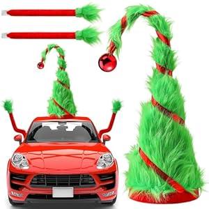 Hollowfly Christmas Green Plush Hat with Arm Outdoor Car Decor for Automobiles Cute Funny Green Christmas Car Decoration Suitable for Most Car Outdoors Accessories