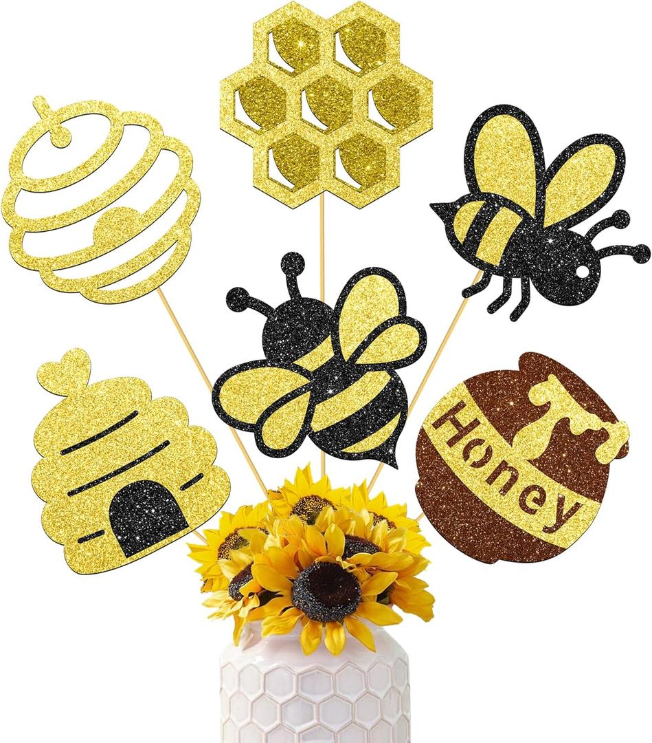 Honey Bee Party Centerpiece Sticks Glitter Bee Birthday Decorations 12PCS Happy Bee Day Table Toppers Beehive Table Centerpieces for Kids Oh Babee Baby Shower Supplies