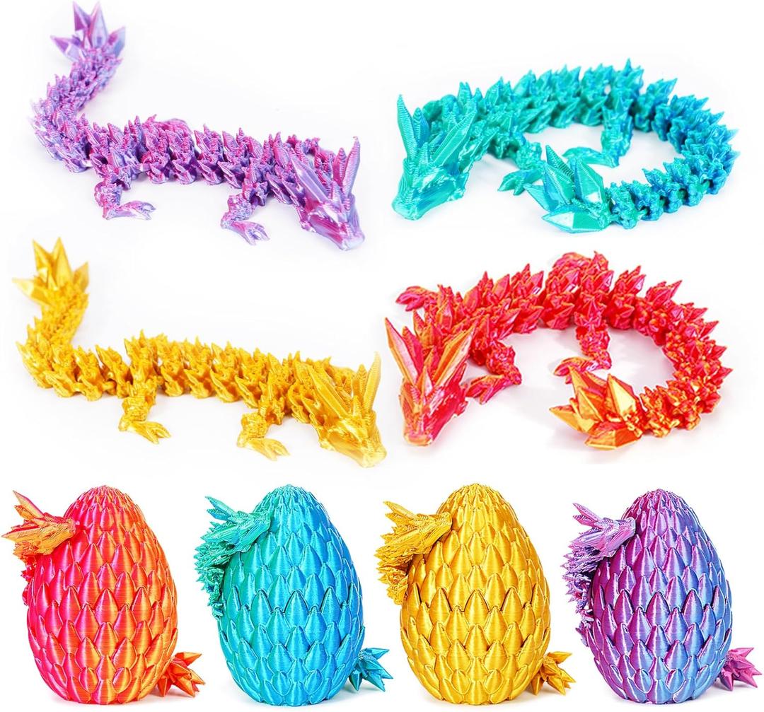 4PCS 3D Printed Dragon Eggs with Dragon Inside,Mini Easter Eggs Articulated Crystal Dragon Fidget Toys,Easter Basket Stuffers,Mystery Mythical Pieces Dragon,3D Printed Animals Toy Set