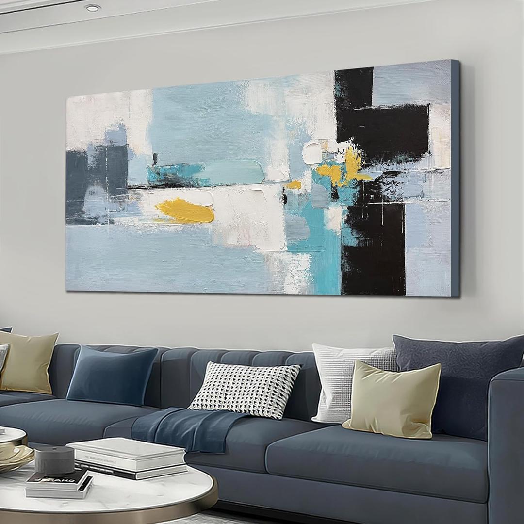 Large Abstract Wall Art Black and White Textured Blue Oil Painting 29"x58"