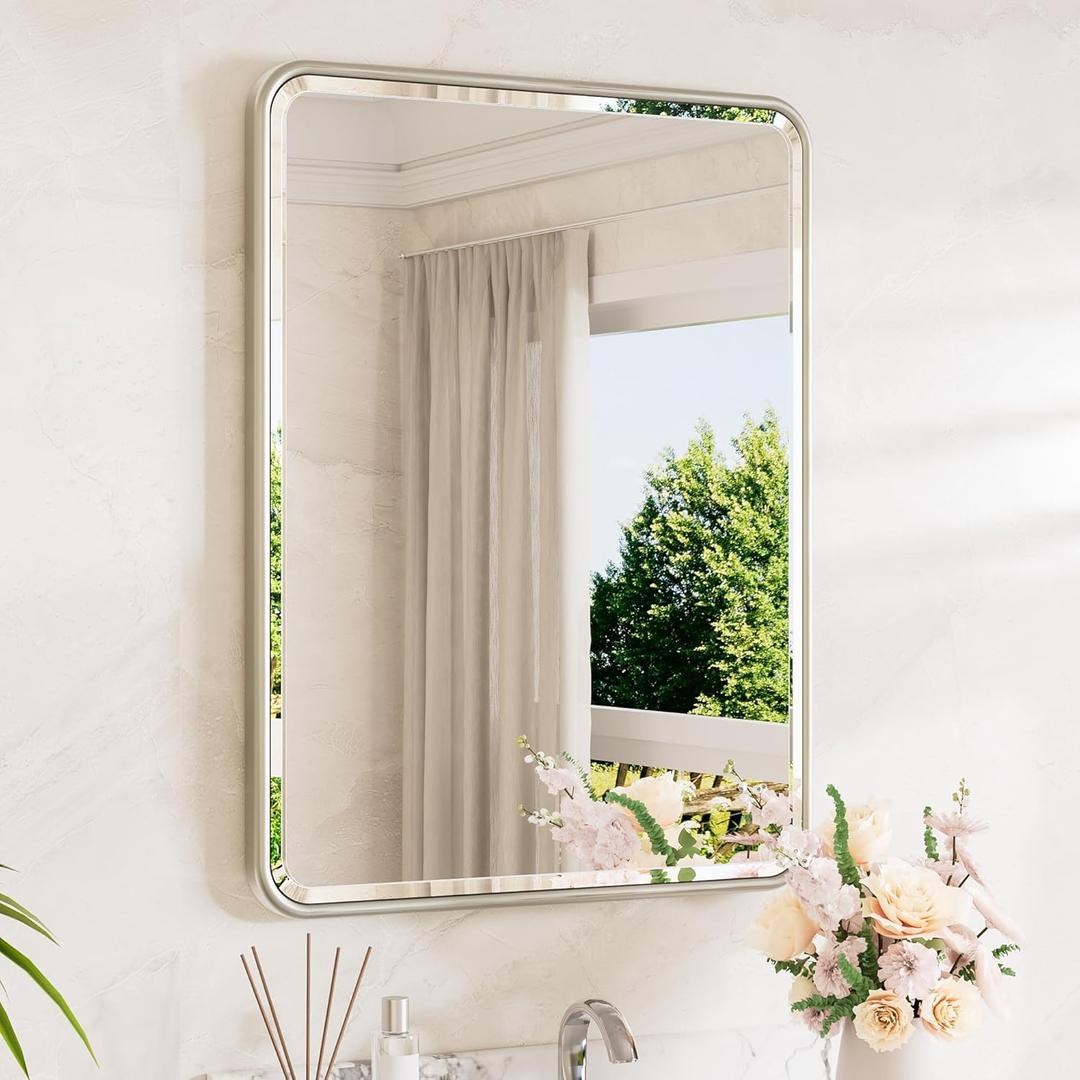 TETOTE Brushed Nickel Mirror for Bathroom 22 x 30 Beveled Edge Tempered Glass, Rounded Corner Rectangle Bathroom Mirror for Over Sink for Modern Bathroom, Living Room, Bedroom, Entryway