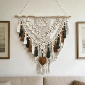 lokeisna Macrame Wall Hanging, Woven Tapestry Beige & Dusty Rose Handmade Craft Macrame Wall Decor, Gallery & Nursery, Size 37.4 Lx27.5 W Brown Green