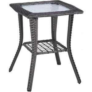 VINGLI Outdoor Side Table with Storage Wicker Patio Side Table, Tempered Glass Top End Table for Balcony Porch Deck (Grey), 18 inches x 18 inches x 22.6 inches