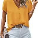 PRETTYGARDEN Short Sleeve Tops for Women 2025 Summer Spring Western Chiffon Blouses Dressy Casual Work Pearl Shirts (Small, Yellow)
