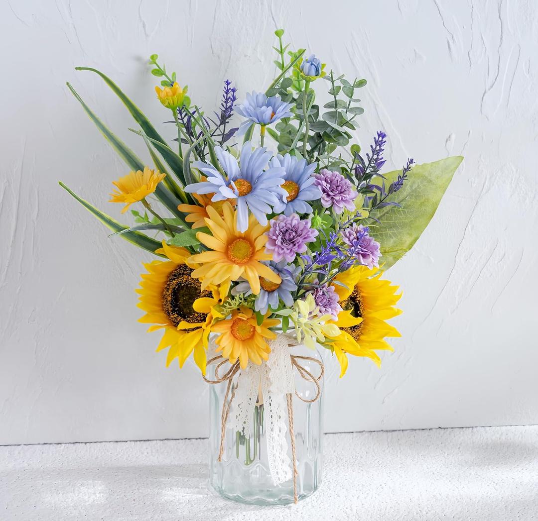 LUEUR Artificial Silk Sunflower with Vase Fake Flowers in Vase Centerpiece Coffee Table Decor, Fake Plant Blue Daisy Flower Arrangement for Spring & Summer Decorations Indoor Home Office Living Room (Yellow)
