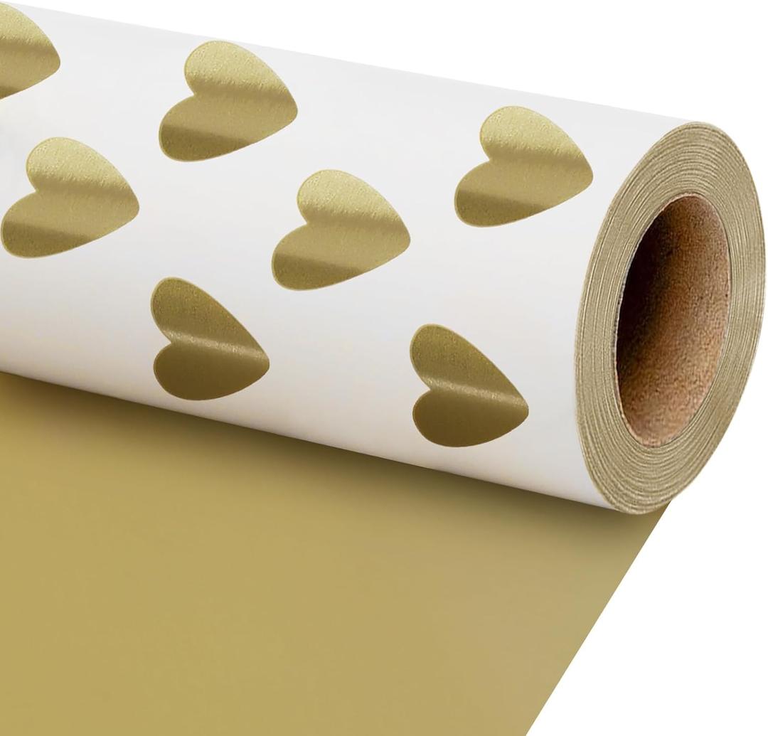 LaRibbons Reversible Wedding Wrapping Paper Roll, Gift Wrapping Paper with Gold Heart on White Design, Perfect for Birthday, Bridal Shower, Anniversaries, Engagement, 17 Inch 33 Feet