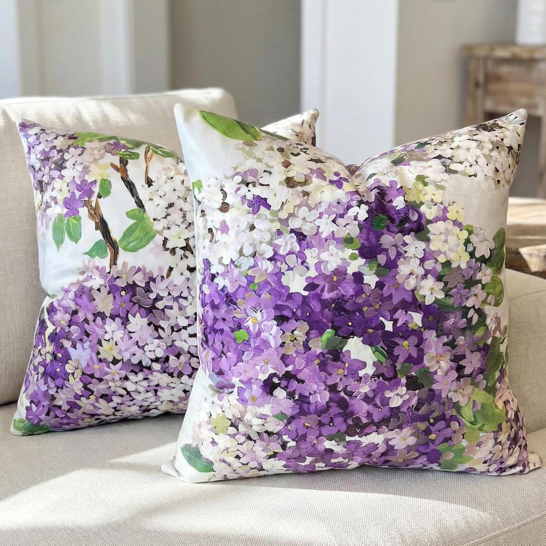 Velvet Purple Hydrangea Flower Throw Pillow Covers 18x18 Set of 2 Farmhouse Green Sage Decorative Pillow Covers for Outdoor，floral Vintage Rectangle Throw Pillow Cover for Couch Bed Sofa Cushion Patio