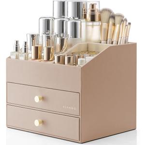 VLANDO Makeup Organizer for Vanity,Large Capacity Countertop Organizer with Drawers, PU Leather Cosmetic Display Case for Lipstick,Brushes,Skincare,Bedroom Storage (Toffee)
