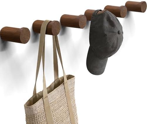 READAEER Walnut Wood Wall Hook 6 Pack, Natural Wooden Coat Hooks Wall Mounted, Hat Hooks Heavy Duty Entryway Wall Hangers for Hanging Towels, Clothes and Bags