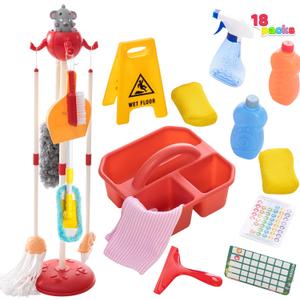 18 Pieces Detachable Housekeeping Cleaning Pretend Toy Set for Kids, Household Cleaning Tools Hanging Stand, Wet Floor Sign and Multiple Cleaning Tools Housekeeping Toys for Toddlers and Kids