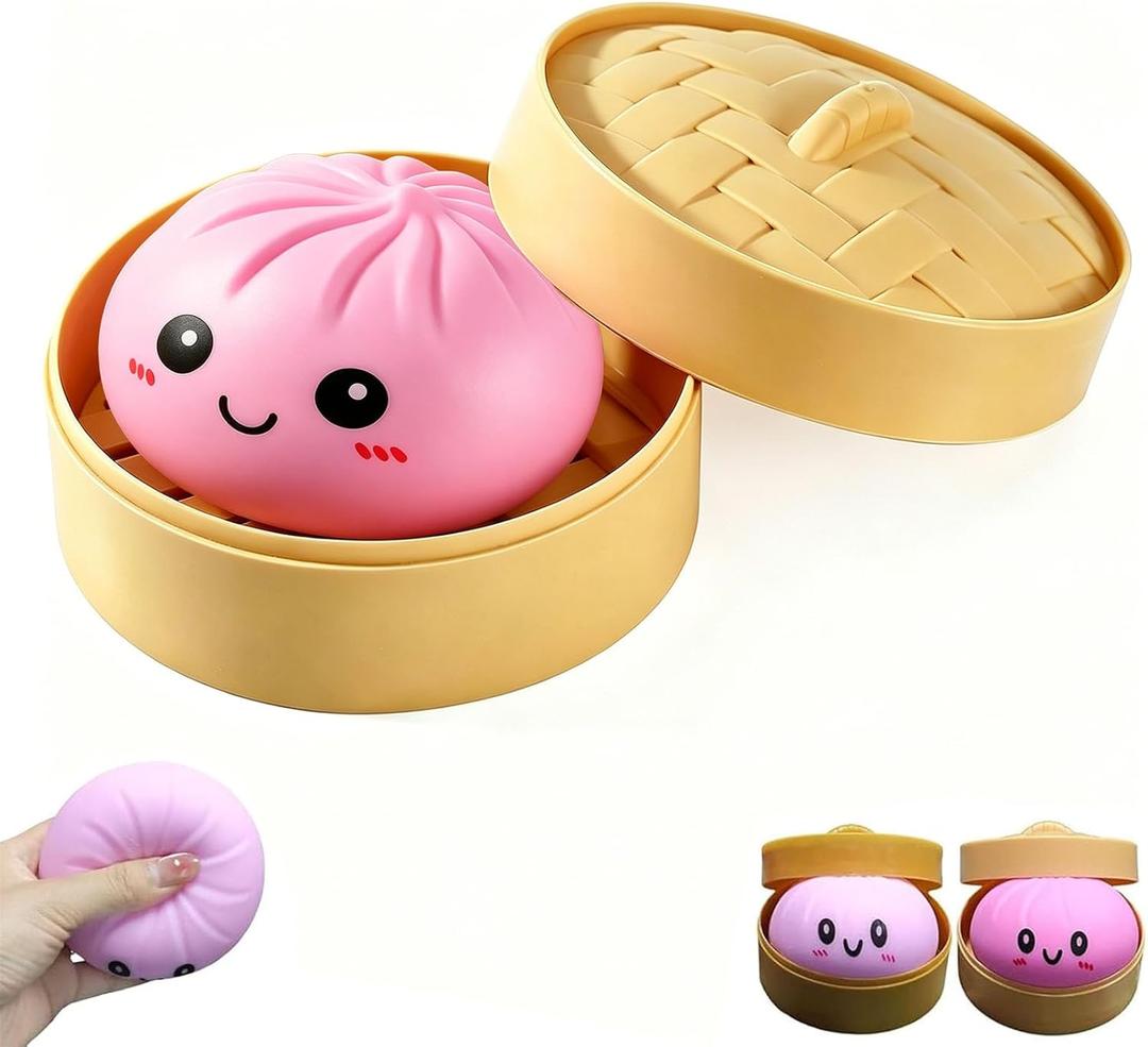 Dumpling Squishy Toy, Dumpling Squishy with Steamer, Soft Slow Rebound Squishy Dumpling Toy, Sensory Fidget Stress Ball for Kids & Adults(Pink)