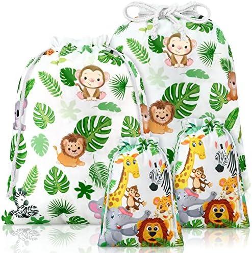 Chapou 4 Pcs Jungle Safari Animal Baby Shower Bags Large Drawstring Fabric Gift Bags for Baby Shower Child's Birthday Gender Reveal Party