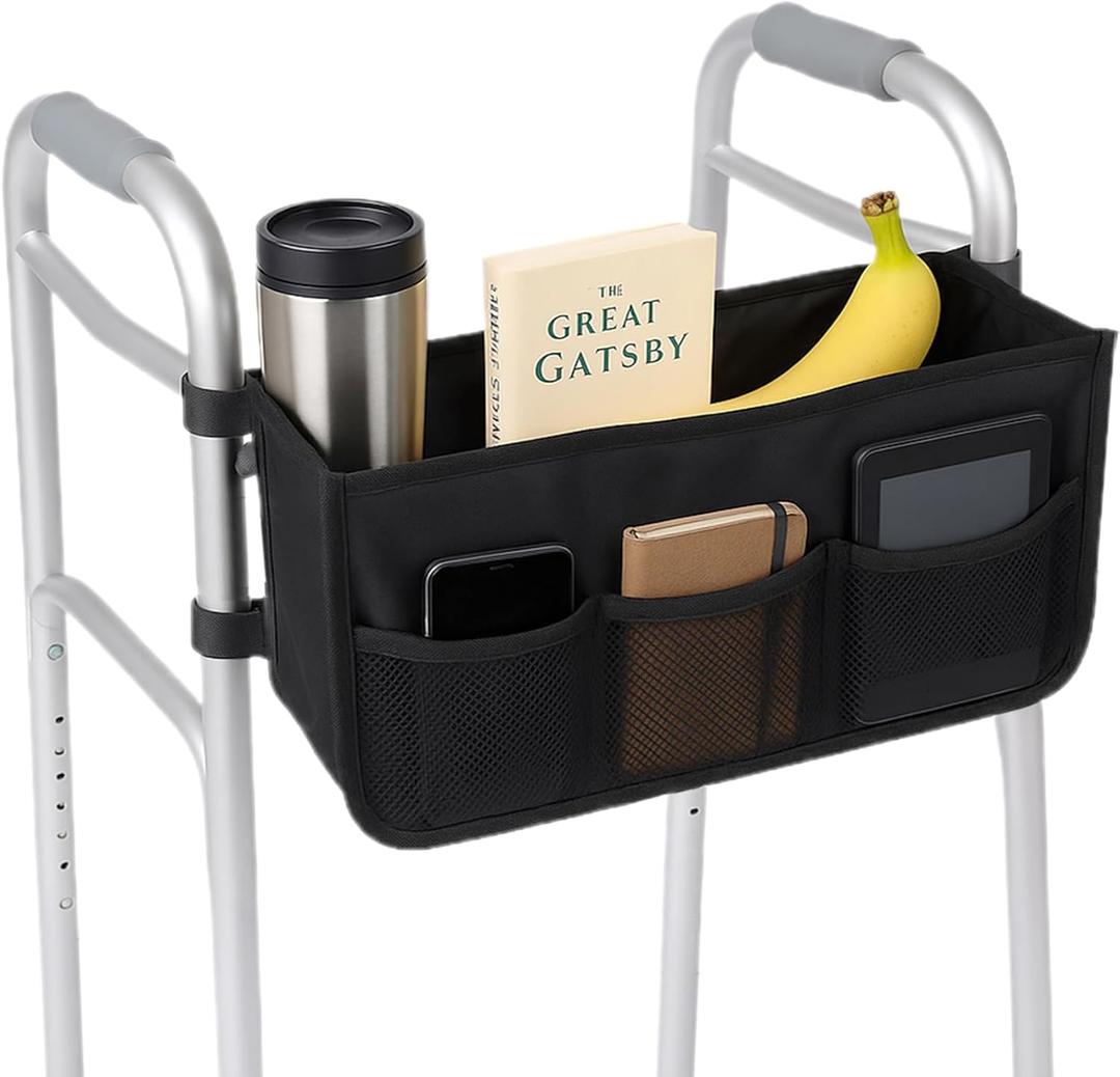 Walker Basket - Foldable Walker Bag with Cup Holder - Fits Folding Walkers - Ideal Walker Accessories for Seniors with Limited Mobility to Carry Water Bottles, Books, Essentials & More (Black)