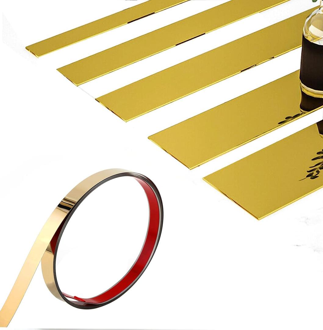 Wall Trim Molding,Stainless Steel Peel and Stick Wall Trim Metalized Mirror-Like Finish, Flexible Mirror Wall Ceiling Floor Cabinet Tile Edge Moulding for Fireplace (Gold 5m x 4cm)