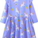 Toddler Girls Cotton Embroidery Applique Short Sleeve Dresses 2-7Y (#Lavender Unicorn)