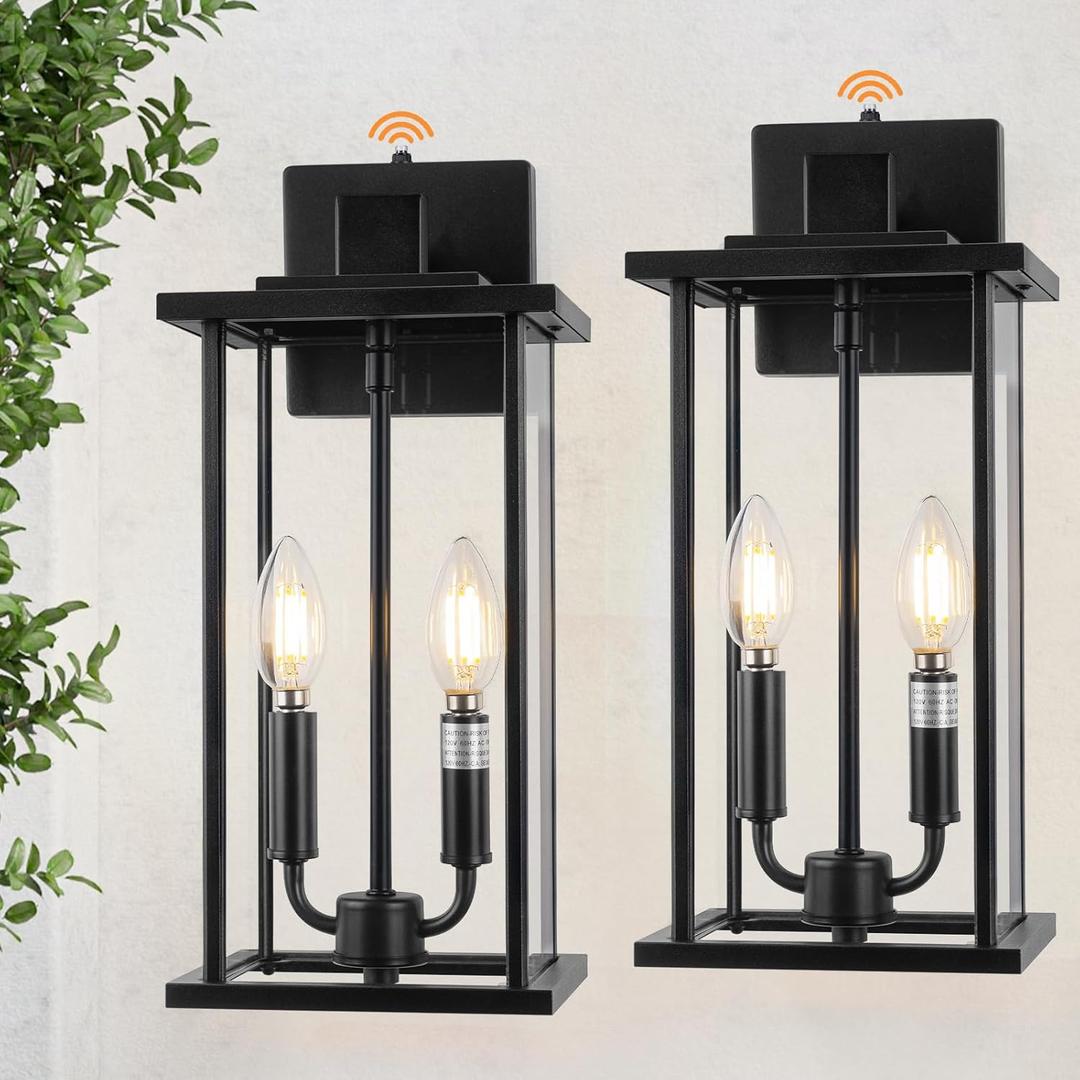 16" Large Dusk to Dawn Outdoo Wall Light Fixtures, Black 2-Pack Exterior Front Porch Light, 2-Light Outdoor Wall Sconce for Outside Patio, Waterproof Exterior Wall Lamp Lighting