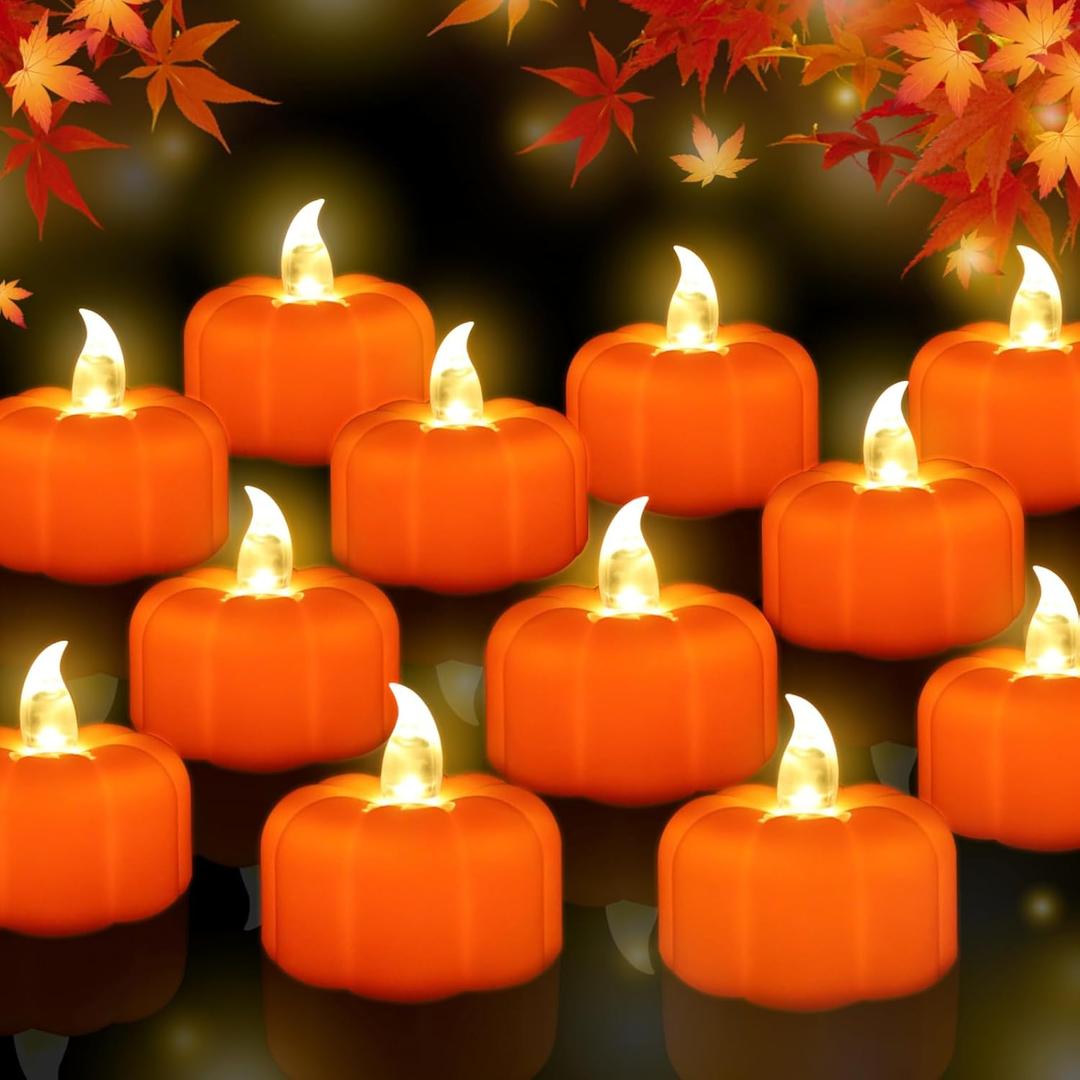 CESOF Pumpkin Tea Lights Decorations Fall Decor, 24 Pack LED Orange Pumpkin Lights Flameless Candles Battery Operated, Halloween Thanksgiving Flickering Tealight Candle for Home Table Indoor Party