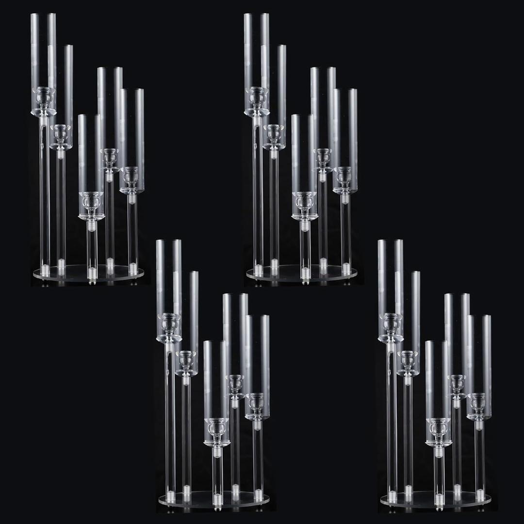4PCS 5 Arm Acrylic Candelabra for Table Wedding Centerpiece, Crystal Clear Candle Stick Holders Candelabra Centerpiece Stands with Removable Lampshade for Party Easter Baby Shower Fit 0.8 LED Candle